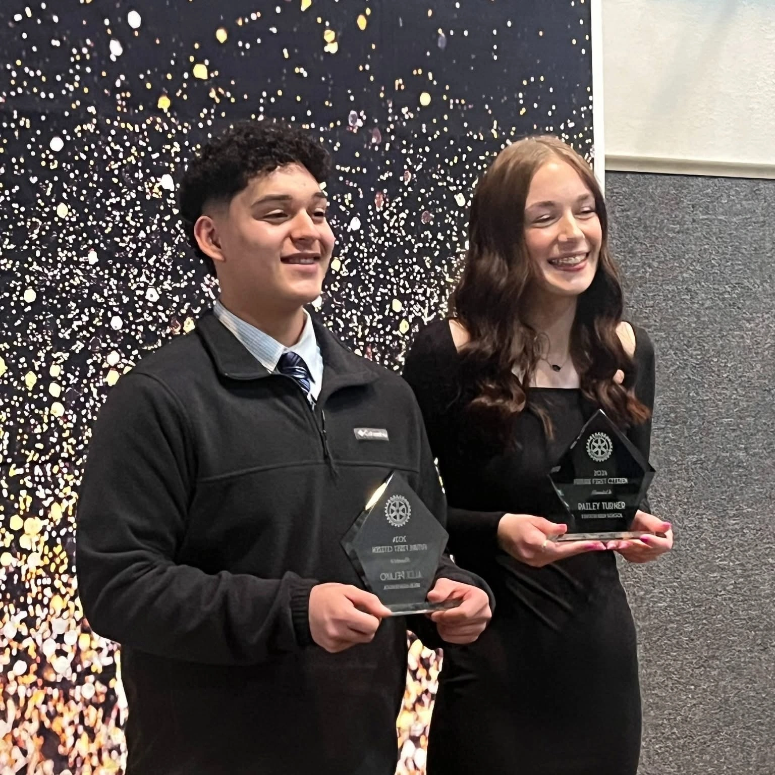 alexandbailey2025students1200x Alex Pelayo of Regis High School and Bailey Turner of Stayton High School receiving 2025 future first citizens awards - both dressed in black formal wear with sparkly night sky background